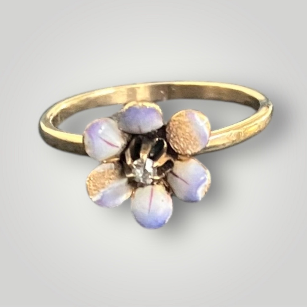 Antique Victorian Forget-Me-Not Enamel Ring, 10K Gold, Mine Cut Diamond, c.1880s - Picture 3 of 10